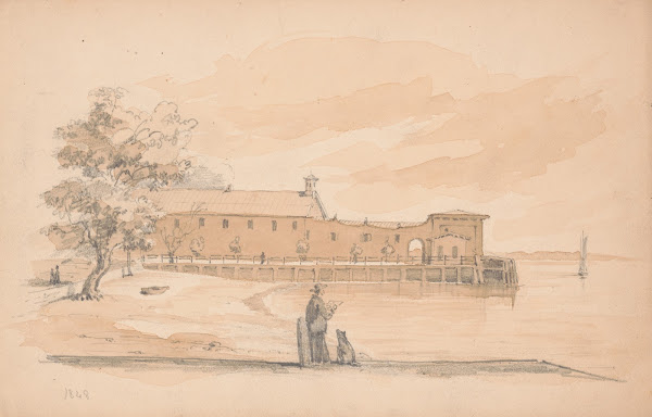 Man sketching on a wharf with a dog seated next to him 1848