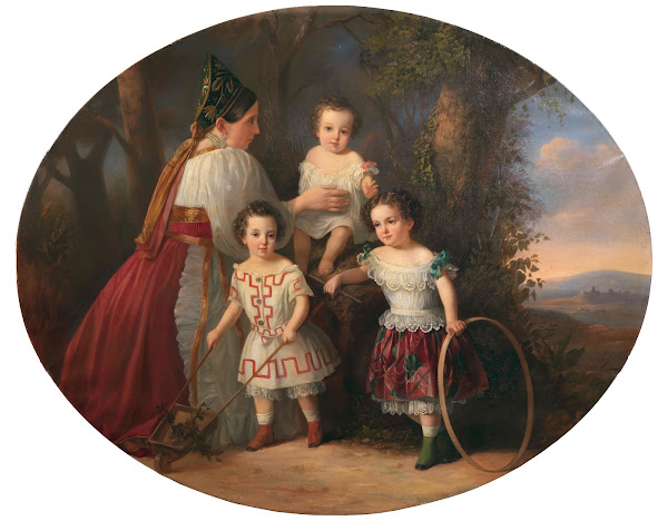 Children with their nanny in a Russian costume with a vast landscape in the back
