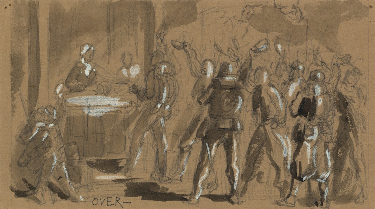 Soldiers waving caps at a woman 1860 1865