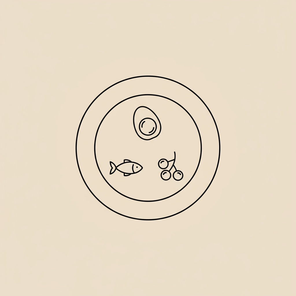 Minimal Tonum-style line illustration on beige background showing a plate with a boiled egg, small fish icon and berry cluster to symbolize nutrition to reduce body fat in 7 days.
