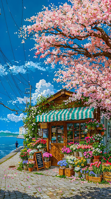 Riverside Flower Shop Under Cherry Blossom Tree - Free mobile Wallpaper