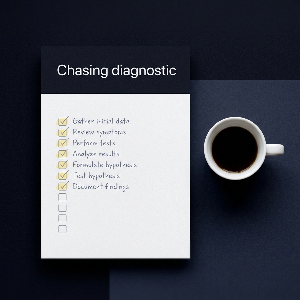 Close up checklist on paper titled How to Avoid Chasing Last Weeks Winner with checked boxes and a coffee cup on a minimal Funded Plays dark background using brand colors
