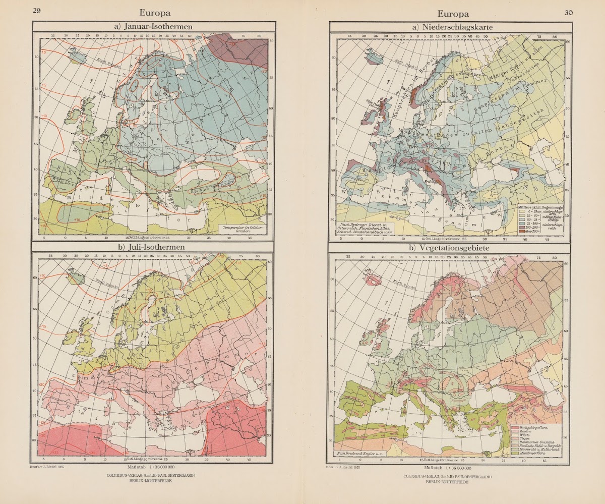 Europa Januar Isothermen Niederschlagskarte 1926