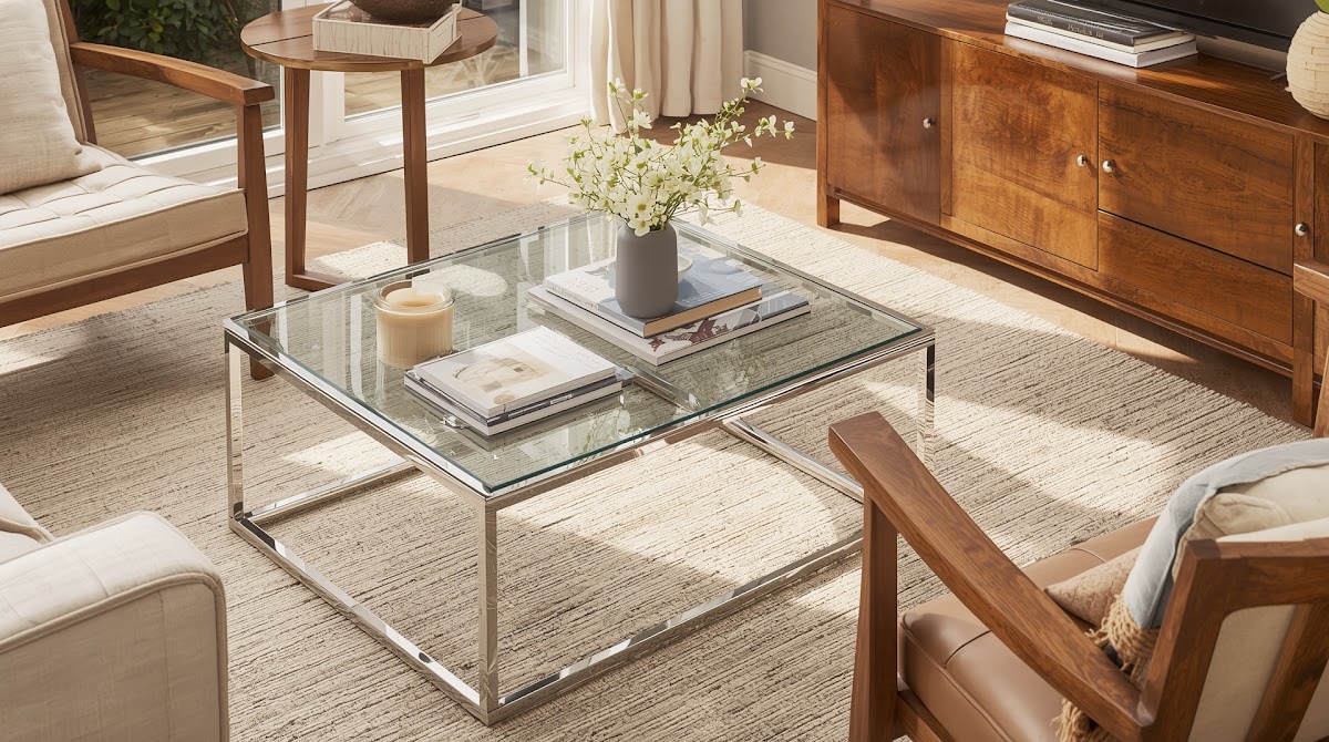 How to Style a Chrome Coffee Table Without Making Your Room Feel Cold - final inviting chrome and warm wood living room styling reveal