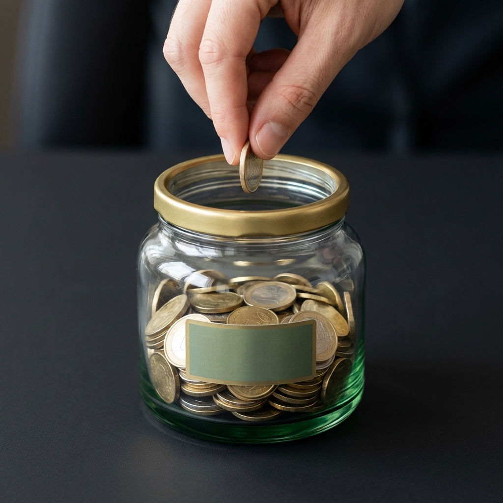Close up of a hand placing a coin into a clear glass jar of coins on a dark background showing how to start investing in stocks with green and gold brand accents