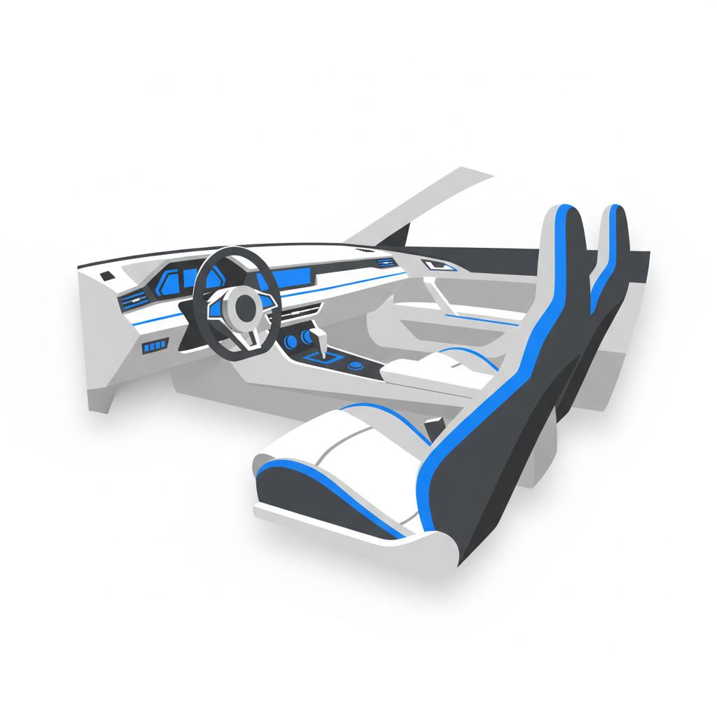 Minimalist 2D vector interior close up of Audi RS7 driver console and sport seats with blue 3666ed accents on white background audi rs7 for sale
