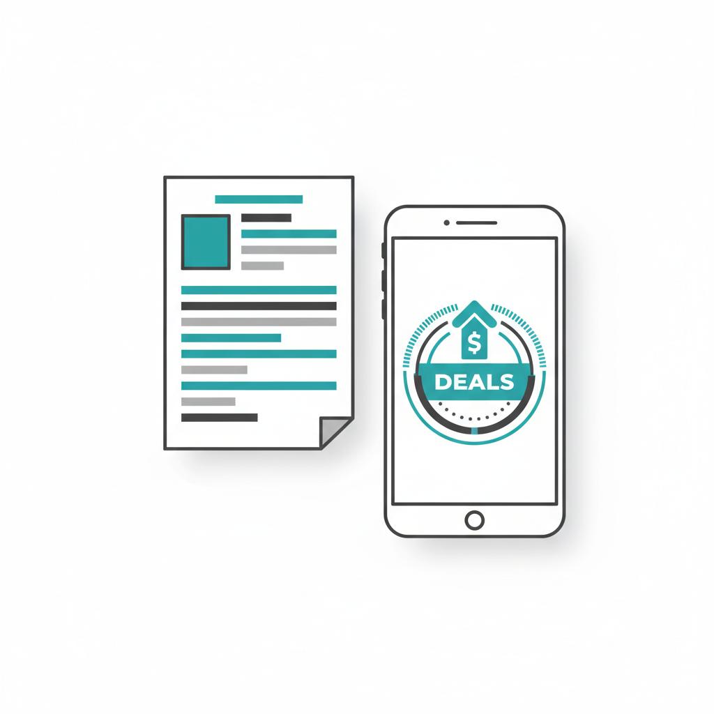 Minimal 2D vector close up of a vehicle history report printout beside a smartphone showing a price analysis badge in CarFax Deals colors toyota rav 4 price