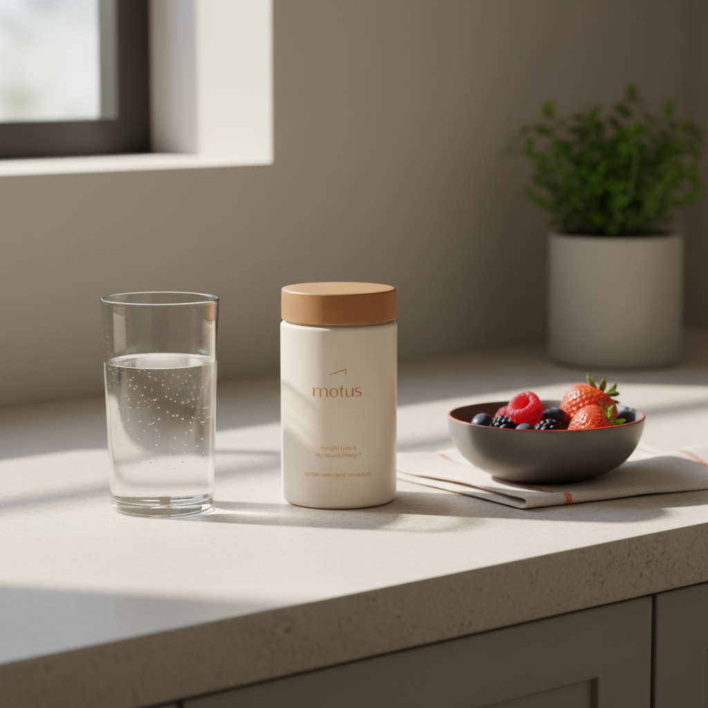Motus supplement jar on a tidy kitchen counter at dawn beside a glass of water and bowl of berries — Can you lose 10 pounds in 3 days liquid diet?