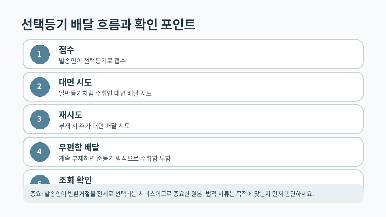 우체국 선택등기의
접수부터 대면 배달 시도와 우편함 배달까지 흐름을 정리한 점검 이미지