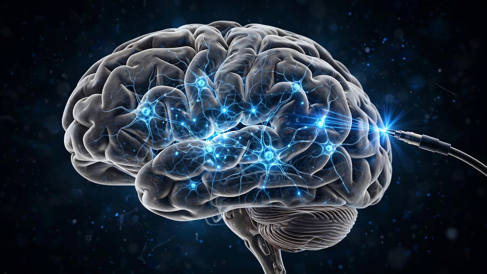 Illustration of a human brain with neurons glowing in blue light as an optical fiber delivers light pulses to brain cells