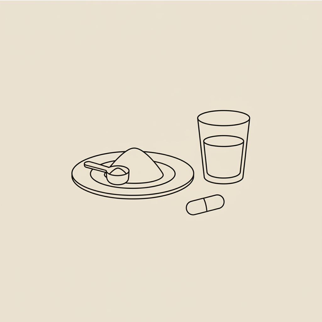 Minimalist line illustration of a plate with a scoop of powder, a glass of water and a capsule on beige background — Myprotein shakes for weight loss