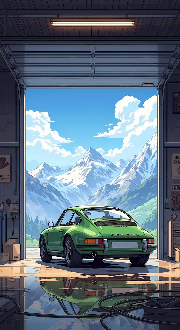 Classic Green Sports Car in Garage Facing Snowy Mountains