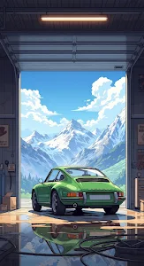 Classic Green Sports Car in Garage Facing Snowy Mountains