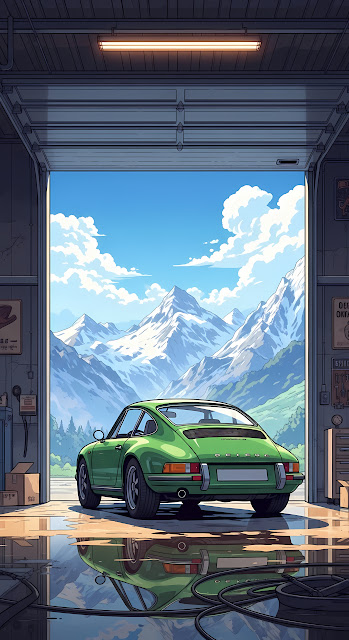Classic Green Sports Car in Garage Facing Snowy Mountains - Free mobile Wallpaper