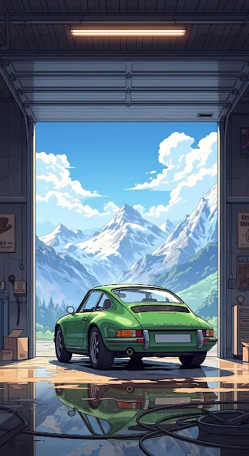 Classic Green Sports Car in Garage Facing Snowy Mountains
