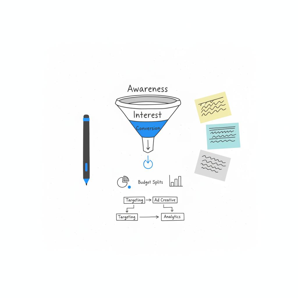 Minimal 2D vector flat lay of a pen, sticky notes and a sketched marketing funnel on white paper in Agency Visible colors, illustrating Facebook ads CPA planning.
