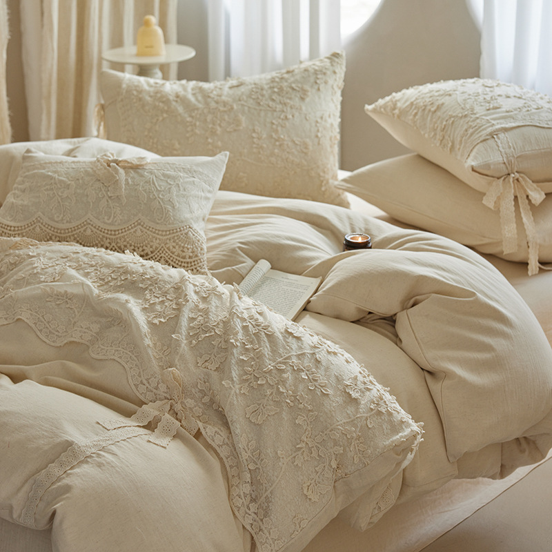 French Cotton Linen Bed Linen Set with Lace Details