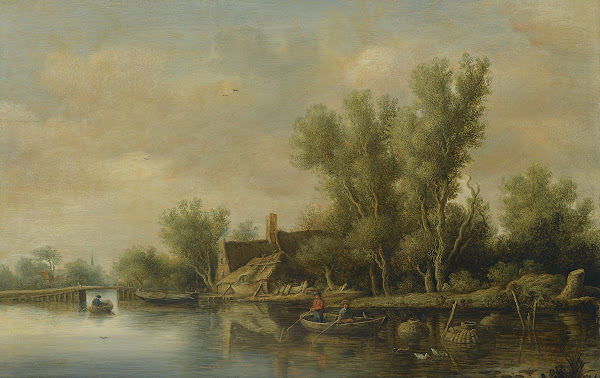 A River Estuary With Two Peasants Fishing In A Rowing Boat Near A Farmhouse 1631