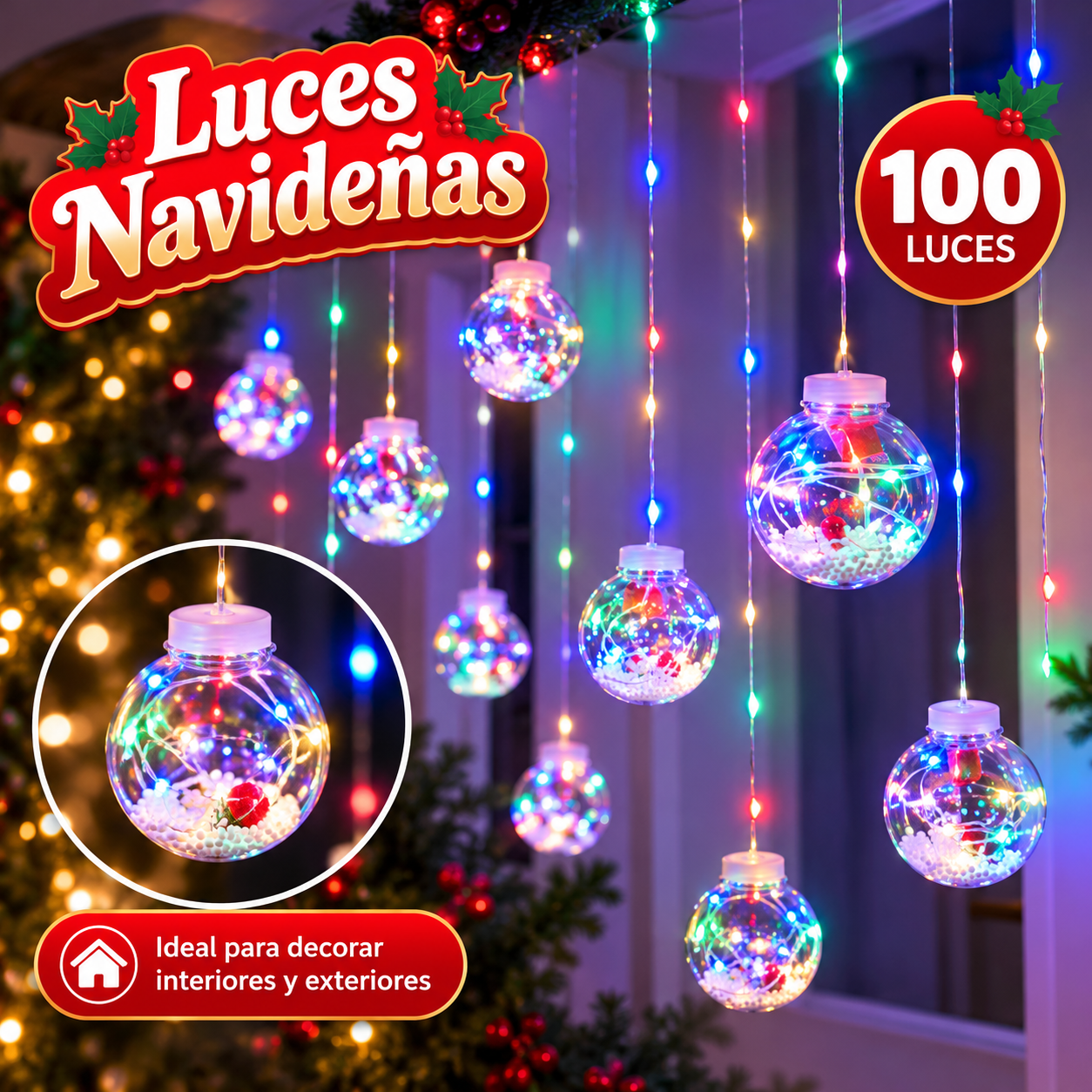 Cortina de 100 luces LED con esferas multicolor
