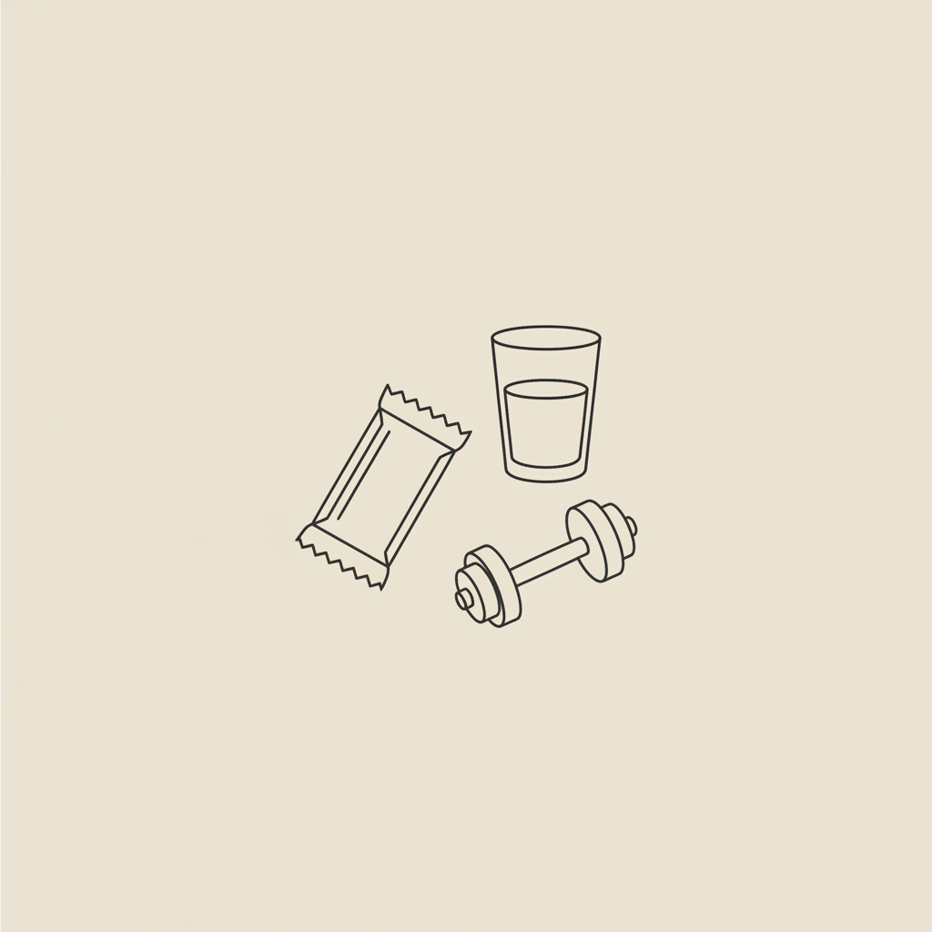 Minimalist Tonum-style line illustration of a protein bar, glass of water, and small dumbbell on beige background, representing best protein bars for weight loss.