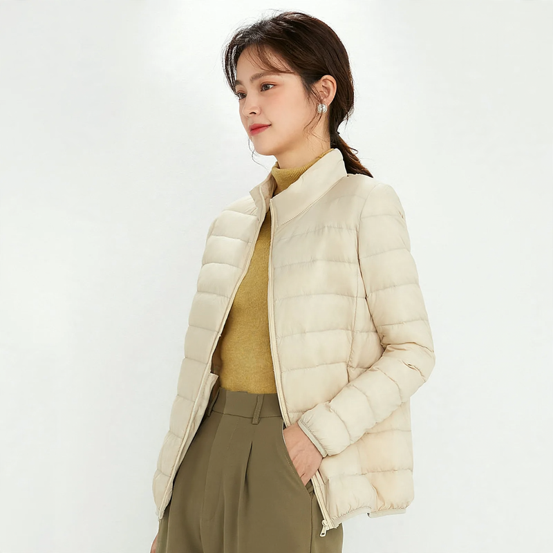Lightweight down jacket for women, stand-up collar, white, duck down
