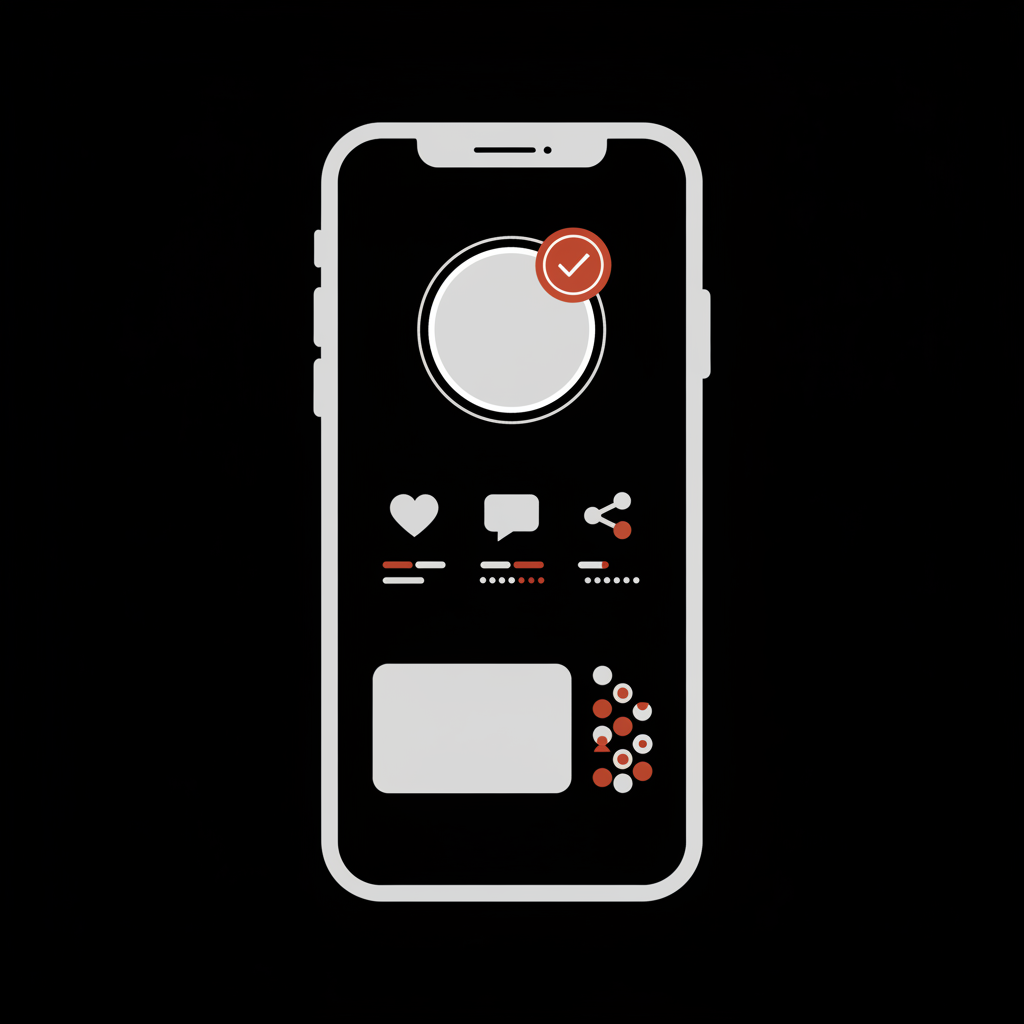 Minimal 2D vector phone mockup showing a verified badge and engagement icons on black background with brand accents #dc5c2b, representing verified Instagram accounts.