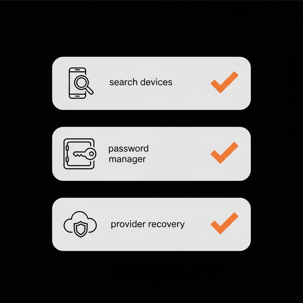 Minimal vector checklist with icons for searching devices, password manager, and provider recovery, orange checkmarks on black background — how do I find my email