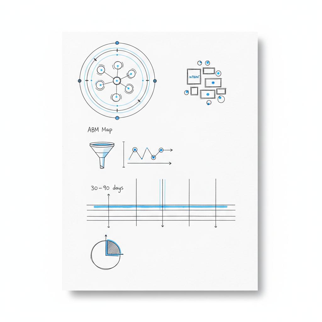 Top-down planner page with ABM map, signal blocks and a 30&ndash;90 day timeline sketched in #39383f with sparse #1a5bfb highlights &mdash; best lead generation service