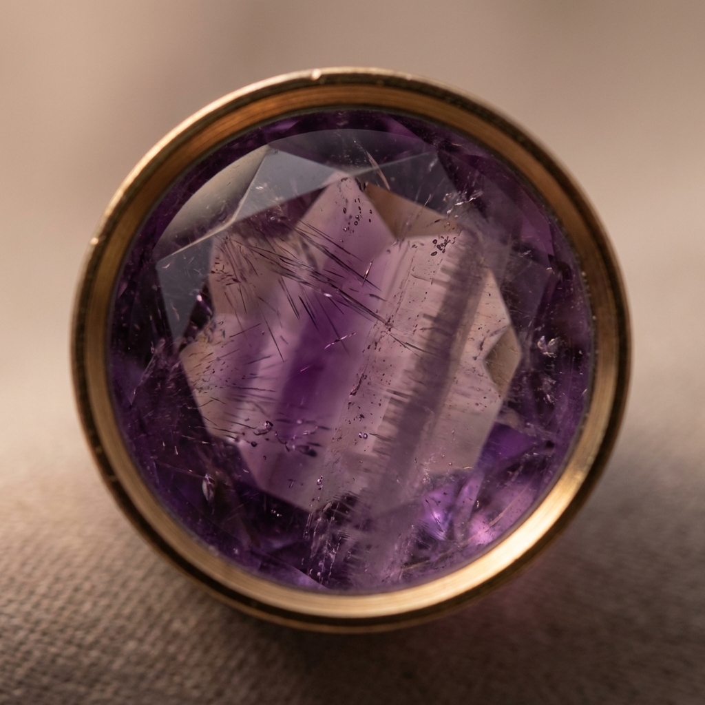 Macro close up of ancient amethyst ring under 10x loupe showing inclusions and growth zoning on warm beige background #ede7da
