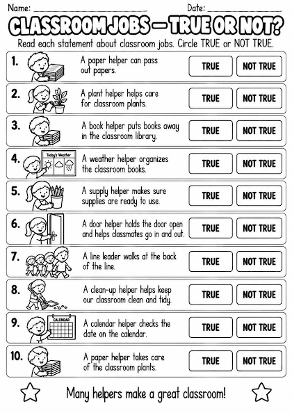 Classroom Jobs True or Not Worksheet