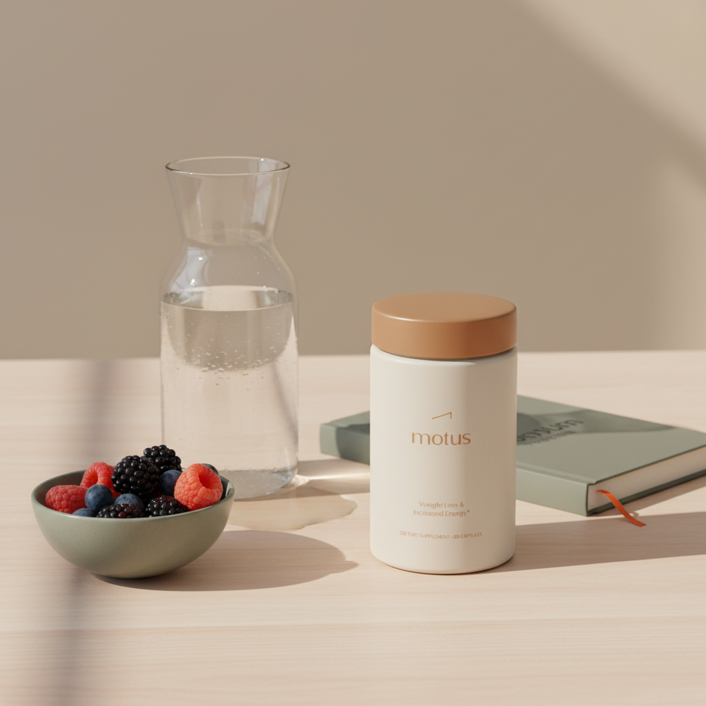 Tonum Motus supplement on wooden table with carafe of water, bowl of berries and journal in a minimalist scene — can b12 deficiency cause weight gain