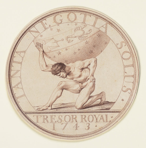 Atlas trägt die Himmelskugel Sondermünze Trésor Royal 1743 ca 1743