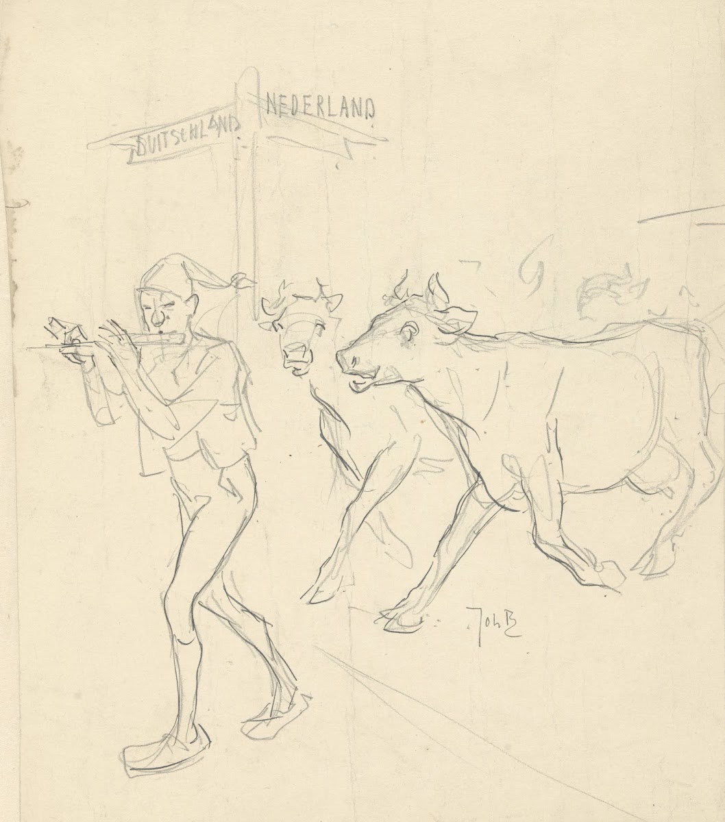 Ontwerp voor illustratie in De Amsterdammer fluitspelende rattenvanger lokt koei