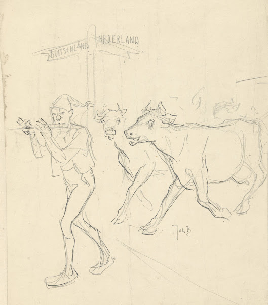 Ontwerp voor illustratie in De Amsterdammer fluitspelende rattenvanger lokt koei