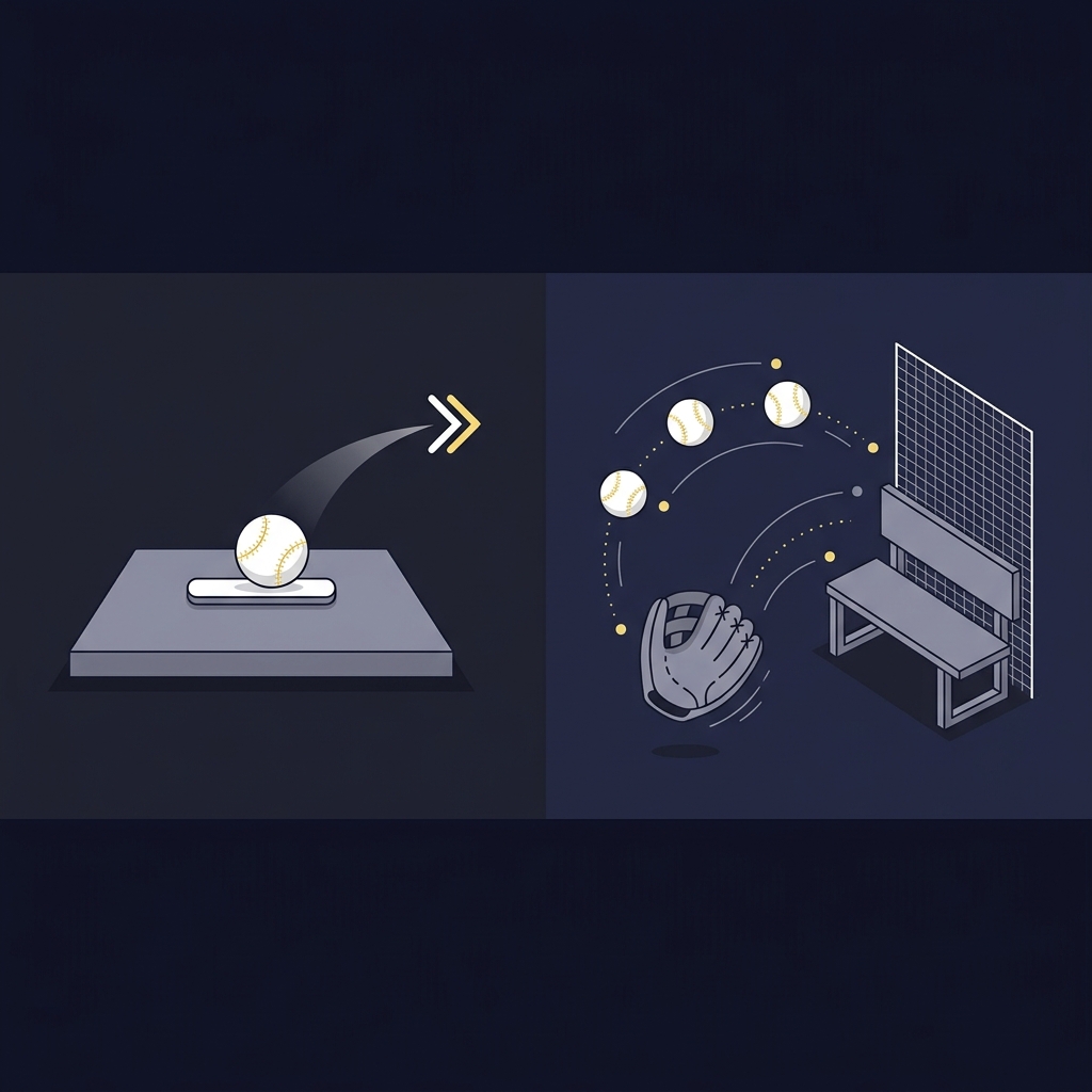 Why Baseball Has High Day-to-Day Variance split vector illustration showing symbolic starter removal with mound and baseball and bullpen warming with balls gloves and motion lines