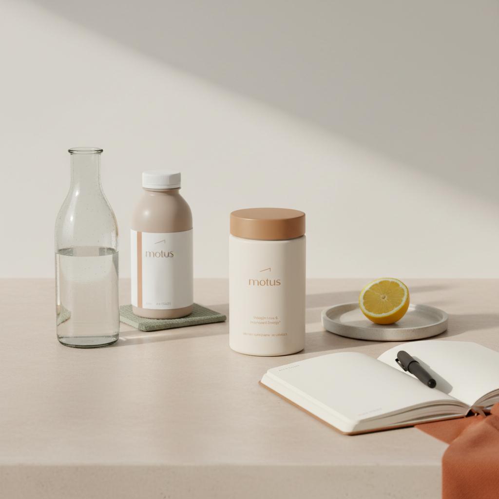 Minimal kitchen counter with chilled water bottle, small protein drink, and Tonum Motus container beside open notebook and lemon slice — what drink stops sugar cravings