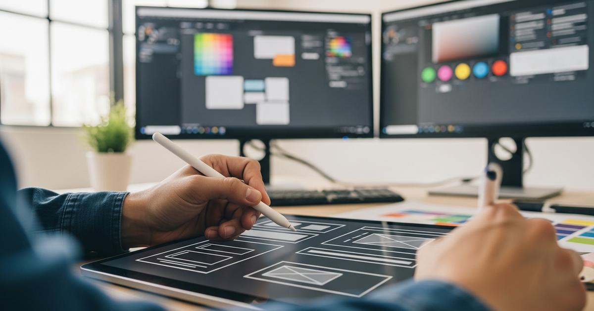 Designer lucrând la wireframe pentru landing page pe tabletă, proces creare landing page