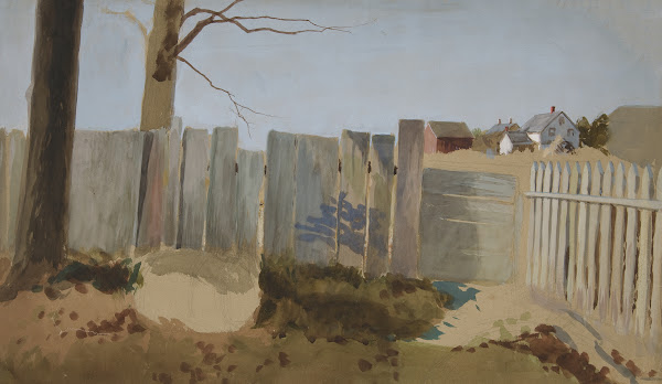 Country scene fence field farmhouse indistance