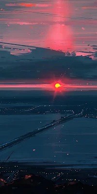 Sunset, Seascape, Anime, Illustration 2K Wallpaper