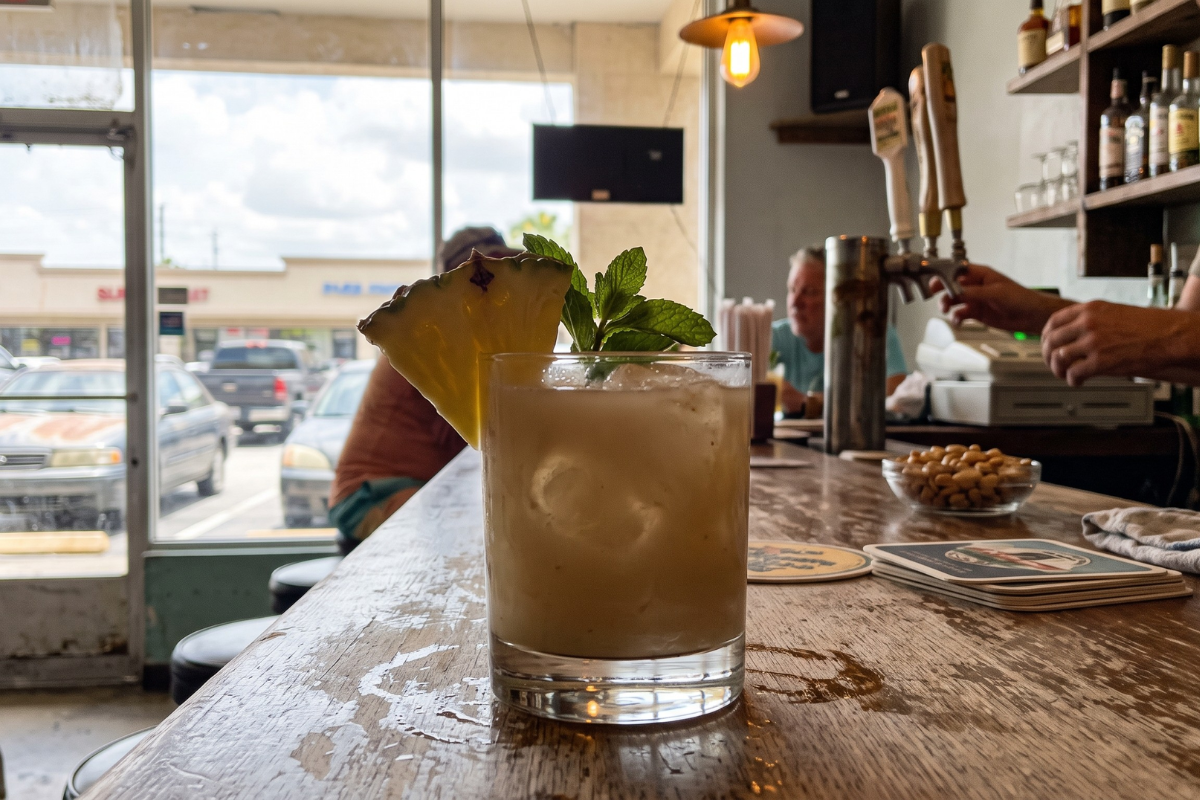 A kava drink garnished with pineapple and mint on the bar of an American kava bar, with a strip mall parking lot visible through the storefront window behind it.