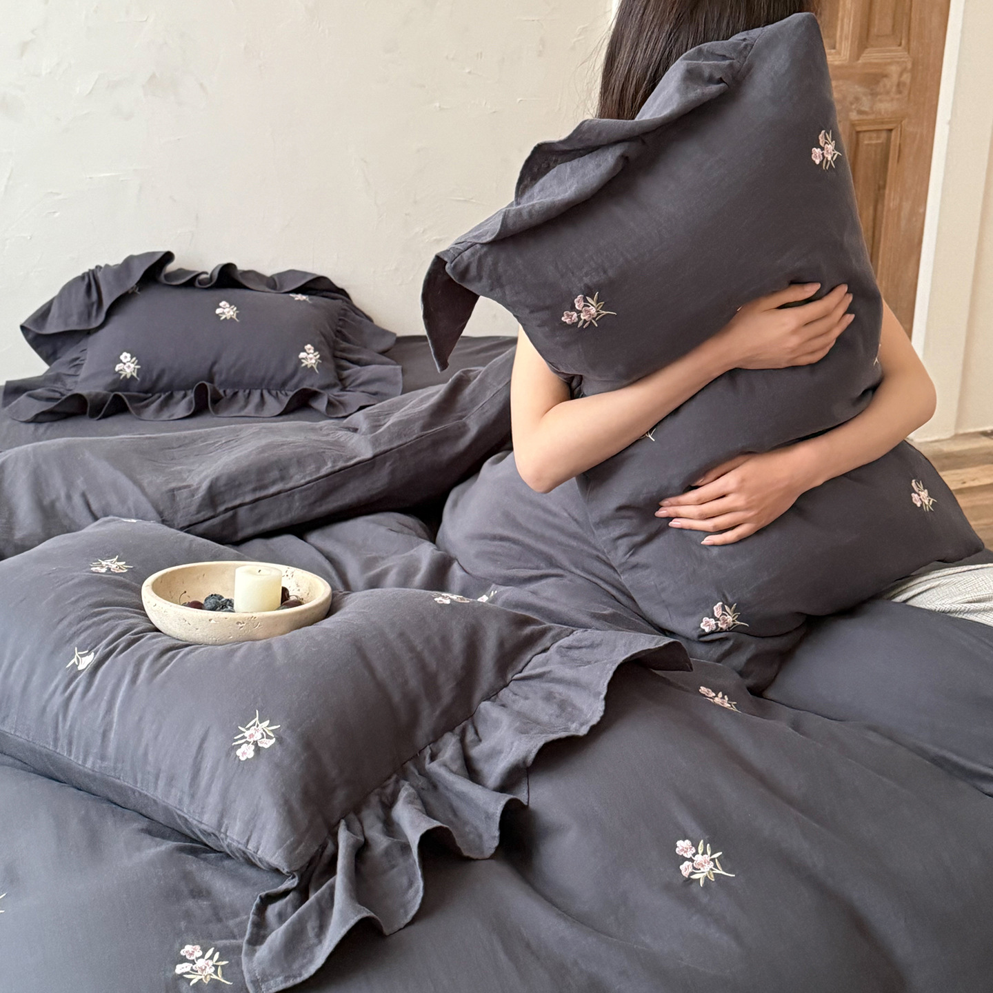 Cotton bedding set, 4-piece, crinkle texture