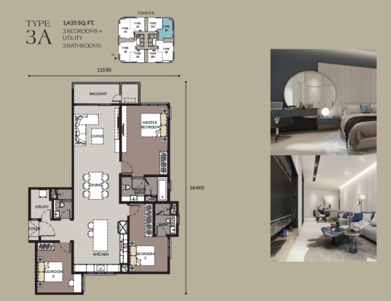 Bangsar Hill Park – Tower B and C Type 3A floor plan — 1291 sq ft, 3 bedrooms