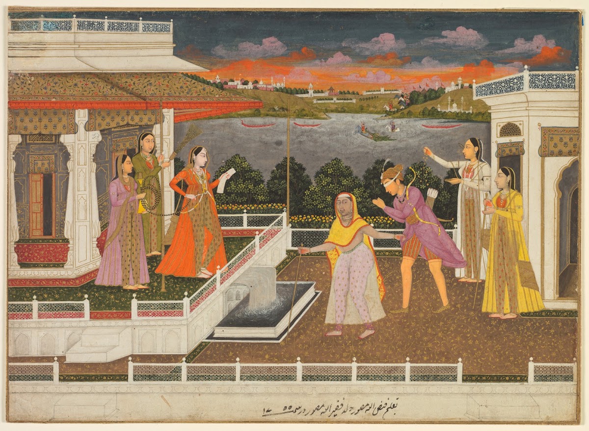 A blindfolded suitor is brought before a princess 1755