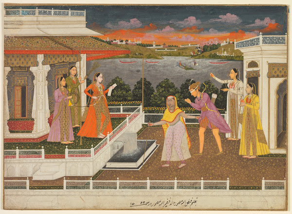 A blindfolded suitor is brought before a princess 1755