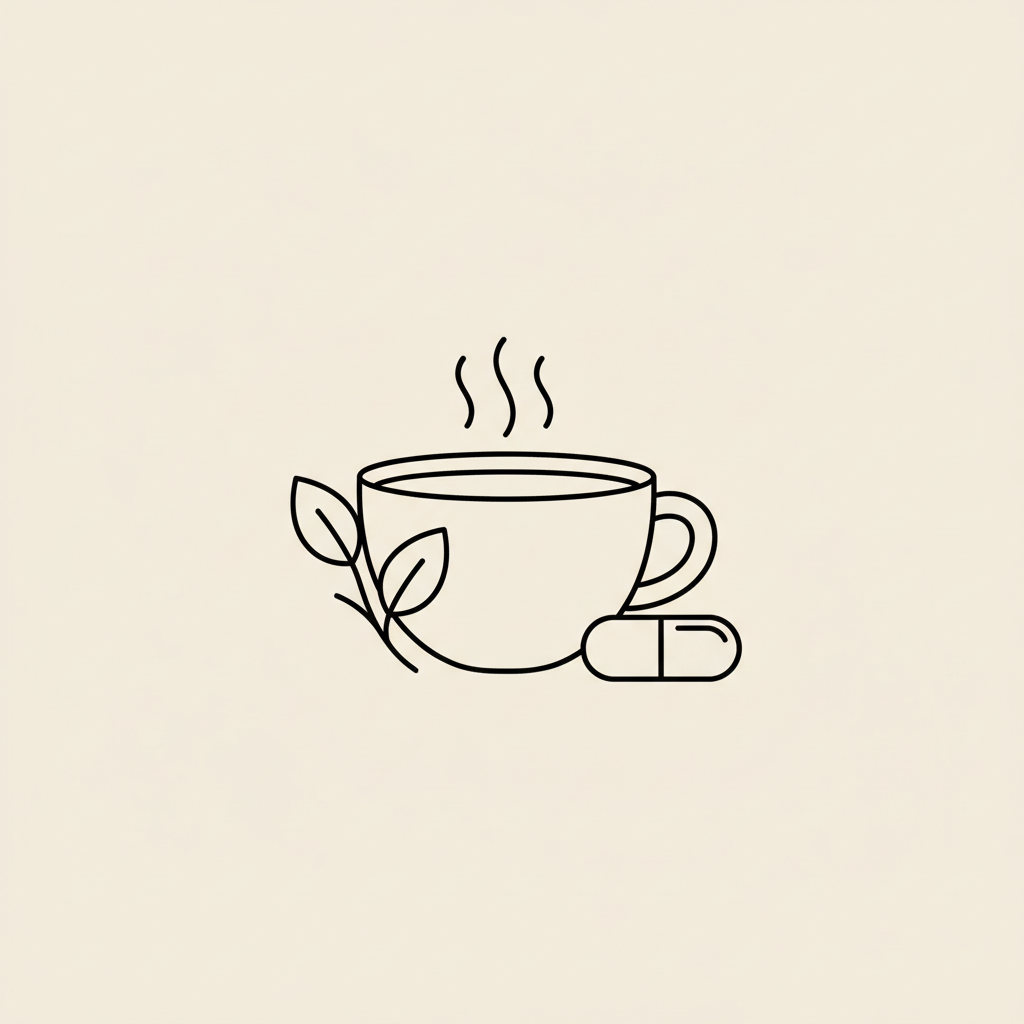 Minimalist Tonum-style line illustration of a steaming teacup with a tea leaf sprig and single capsule, representing best tea for weight loss