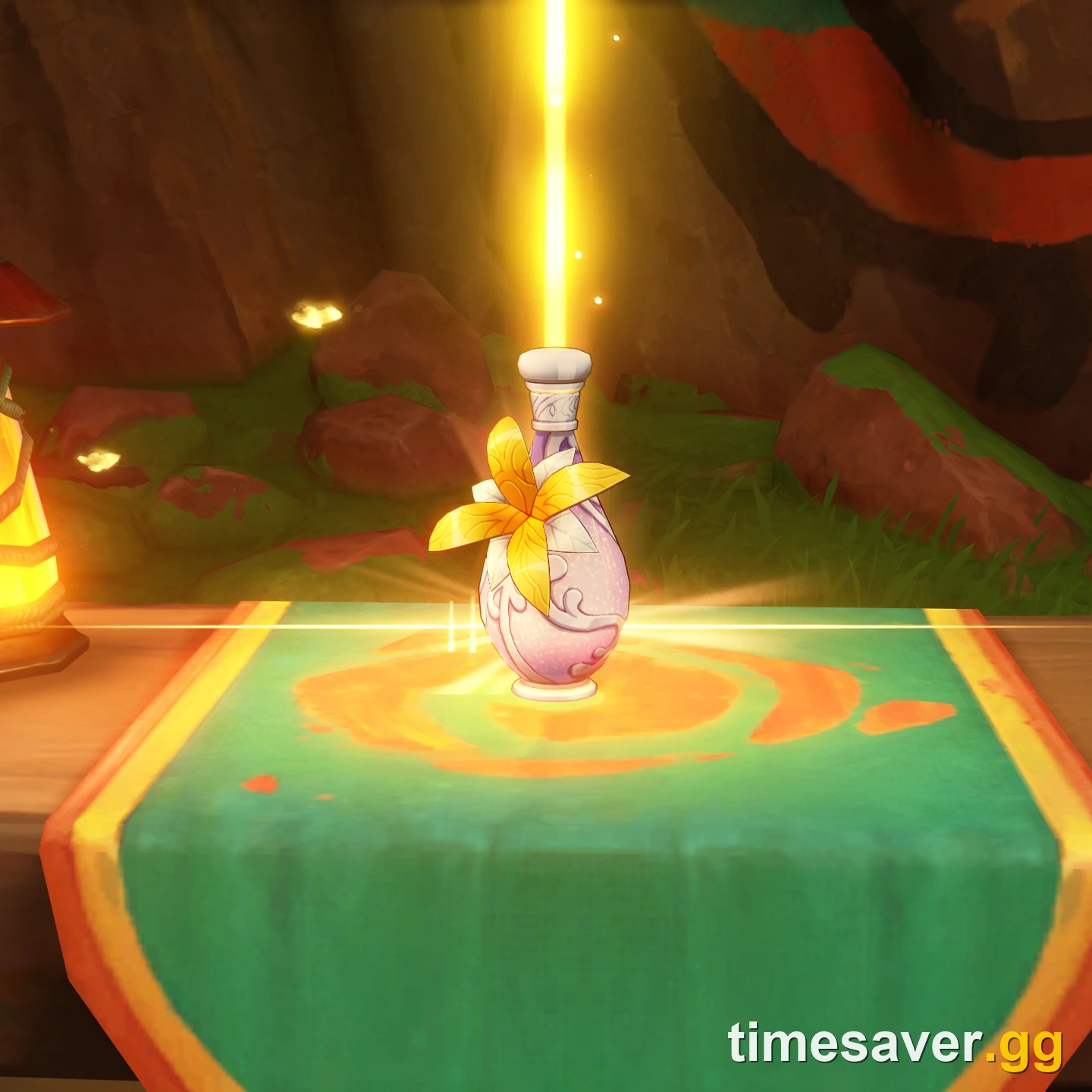 The Sanctifying Elixir item in Genshin Impact rendered in the open world, the material consumed by the Artifact Transmuter to define an artifact set and its minor affixes