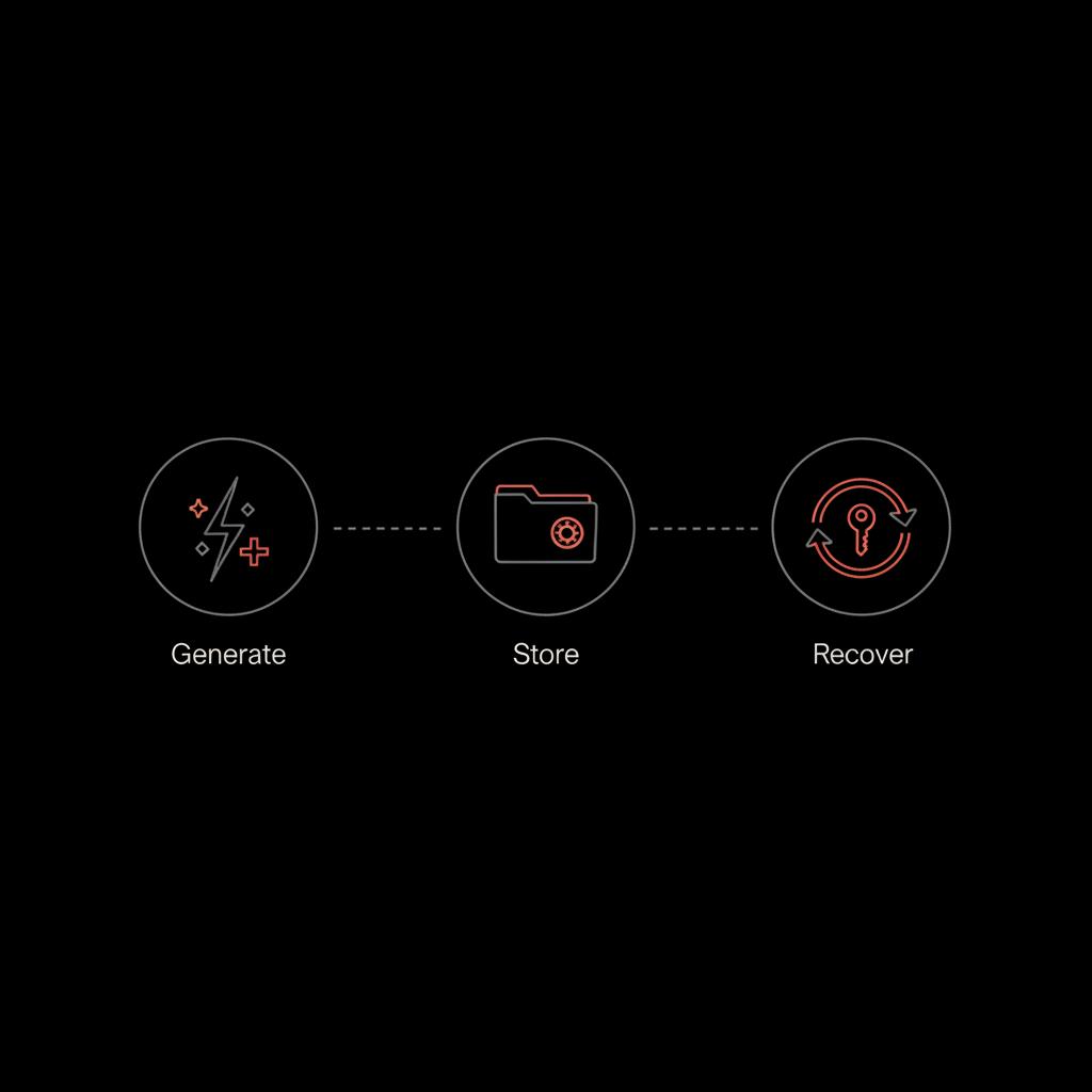 Minimal black-background infographic of three vector icons labeled Generate, Store, Recover for yahoo recovery key, with accent #dc5c2b and font #edf1e9.