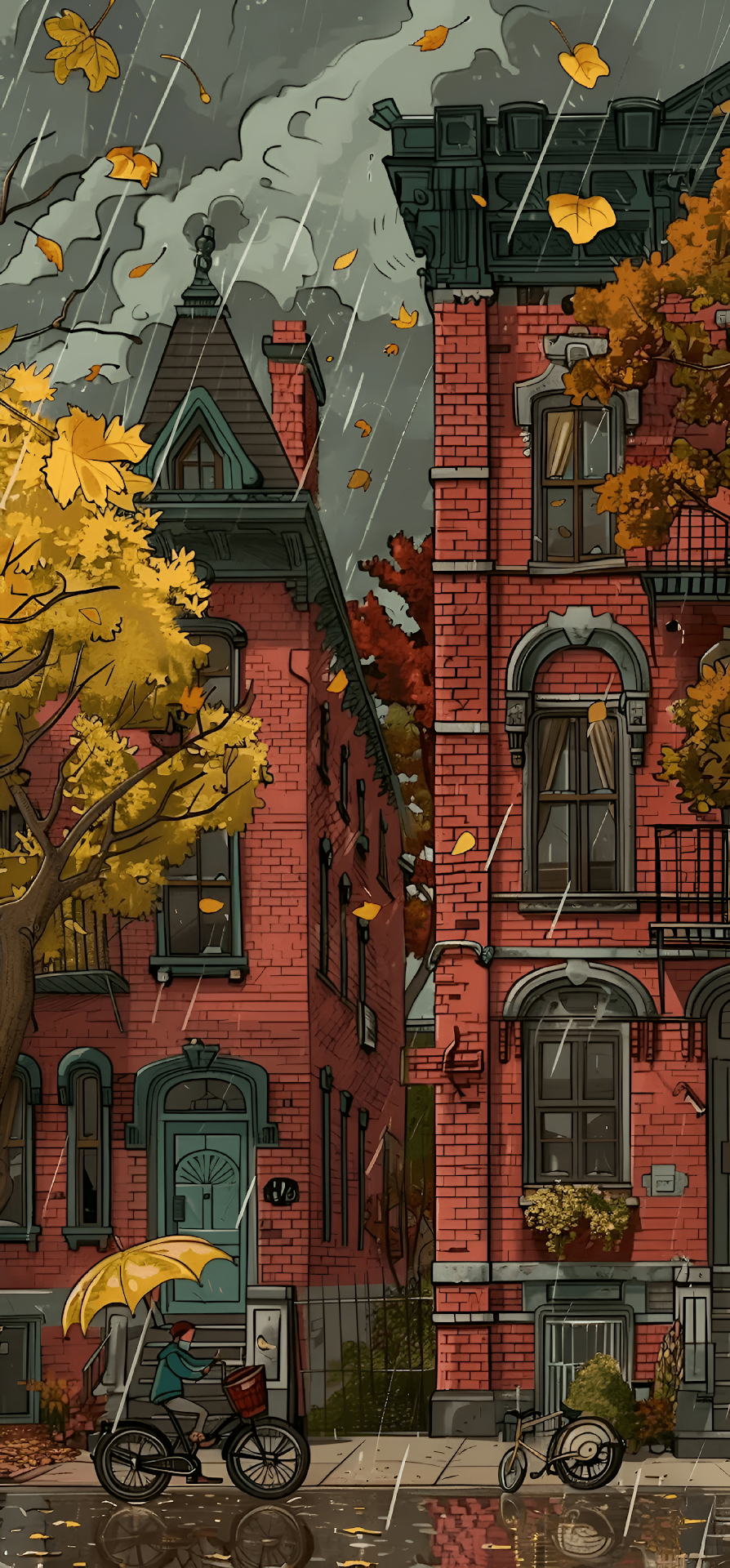 Rainy Autumn Day City Street Red Brick Townhouses Illustration - Free 4K mobile Wallpaper