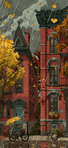 Rainy Autumn Day City Street Red Brick Townhouses Illustration
