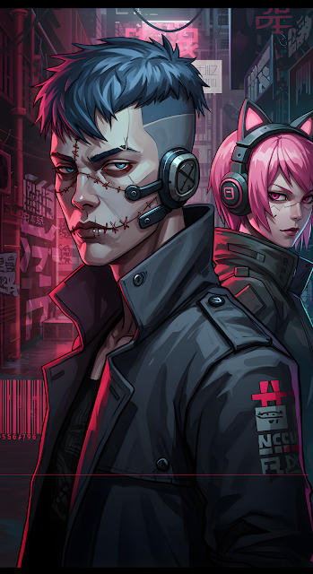 Cyberpunk Street Duo with Stitches and Neon Cat Ears - Free mobile Wallpaper